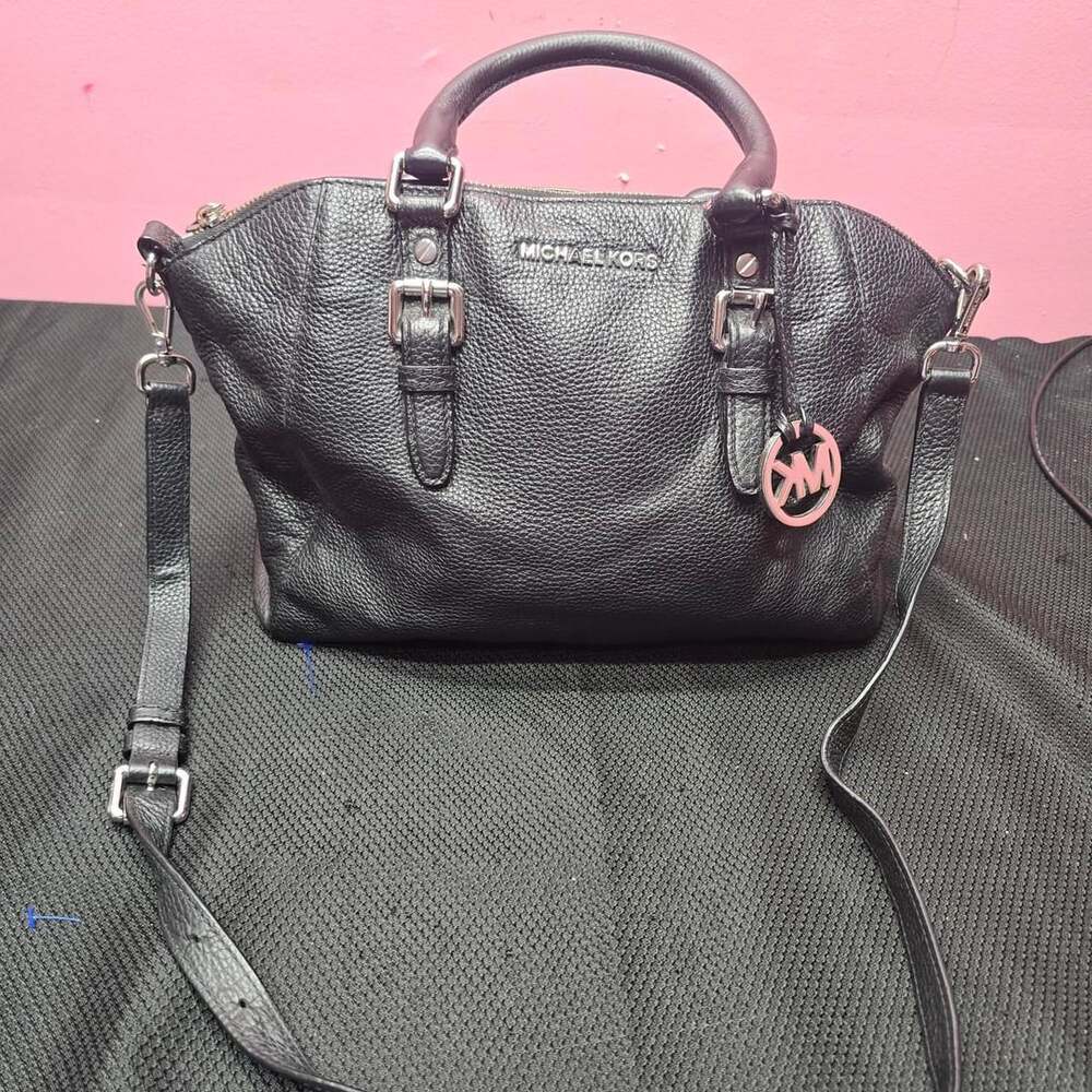 Michael Kors Black Pebbled Leather Satchel Crossbody Bag Silver Hardware